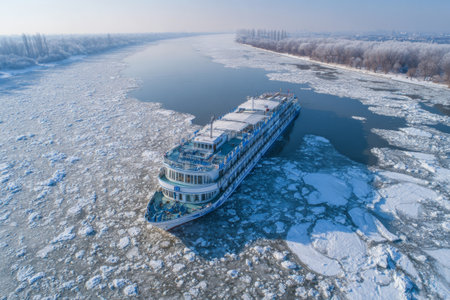 A large cruise ship moves slowly through a river covered in ice and snow. Surrounding trees are frosted, showcasing a quiet winter day under a clear sky.の素材