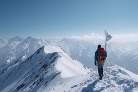 A hiker stands on top of a snow-covered peak, holding a flag. The sun shines brightly, illuminating the surrounding mountain range. The scene captures the thrill of reaching a summit.の素材