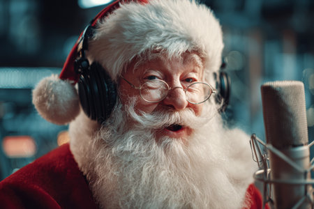 A cheerful Santa Claus wearing headphones sits in a studio, speaking into a microphone. His fluffy white beard and red suit bring festive spirit this holiday season.の素材