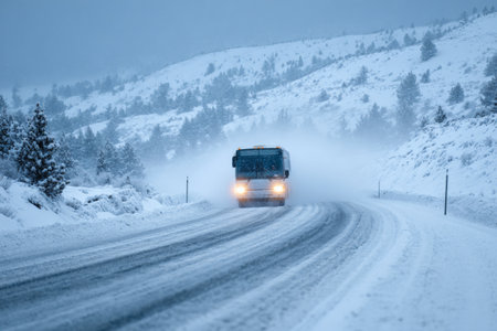A bus drives carefully along a snowy road amid falling snowflakes. Snow-covered trees line the mountains in the distance, creating a winter wonderland atmosphere.の素材