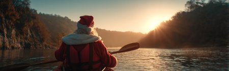 A figure dressed as Santa paddles a kayak on a calm river during early morning. The rising sun casts a warm glow over the landscape, creating a peaceful scene.の素材