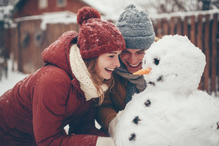 A couple enjoys quality time outdoors in their snowy backyard, building a snowman. They smile and laugh while adding finishing touches to their frosty creation as snow falls gently around them.の素材