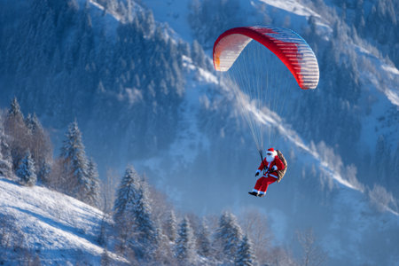 A festive figure dressed as Santa Claus glides gracefully through the winter sky while paragliding above snow-covered hills and tall pine trees. The scene captures the joy of the holiday season.の素材