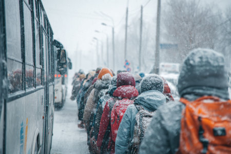 People dressed in warm winter clothing stand in line for a bus amidst falling snow in a busy city. The atmosphere is cold and snowy, showing typical winter commuting conditions.の素材