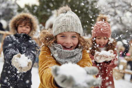 Three happy children are playing in fresh snow, smiling and throwing snowballs in a lively winter scene at a park, filled with joy and laughter.の素材