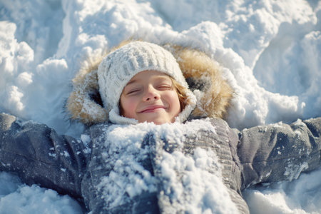 A joyful child lies in soft, fresh snow with arms spread wide, creating snow angels under clear blue skies. The winter scene showcases bright sunlight reflecting off the snow.の素材