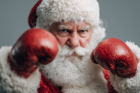 Santa Claus shows a determined expression while wearing red boxing gloves. The scene captures the playful spirit of the holiday season with a unique twist.の素材