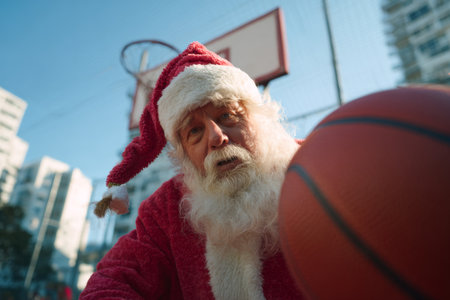 Santa Claus engages in a basketball game at a city park in the afternoon. He wears a traditional red suit and deep focuses on the ball, embodying a joyful and playful vibe.の素材