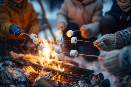 A group of friends gathers around a glowing campfire in the snow, enjoying roasting marshmallows on sticks. Warm jackets and laughter fill the cold evening air.の素材