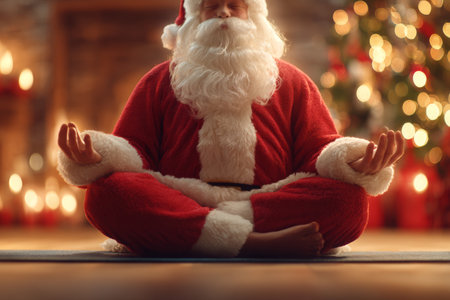Santa Claus sits peacefully in a meditative pose on a yoga mat, embraced by a warm, festive atmosphere with twinkling lights and Christmas decorations in the background.の素材