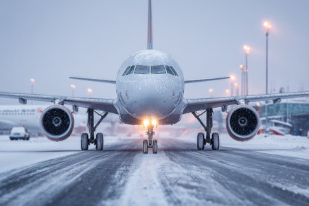 An airplane sits on a snowy runway, surrounded by winter scenery. The scene captures the cold atmosphere, with snow on the ground and visibility reduced.の素材