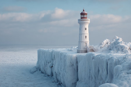 A lighthouse is surrounded by thick ice and snow, showcasing an enchanting winter scene. Soft clouds hover above the bright white landscape, creating a serene atmosphere.の素材