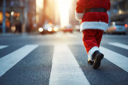 A person dressed as Santa Claus walks across a crosswalk as the sun sets in a busy urban area. Traffic is visible in the background under warm light.の素材