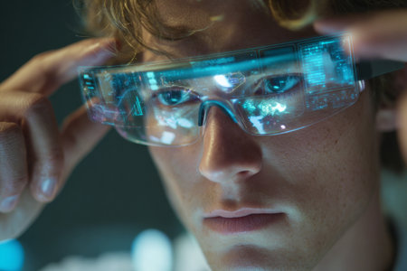 A young man focuses intently while adjusting his smart glasses in a high-tech office. He analyzes digital data on a screen, immersed in his work after hours.の素材