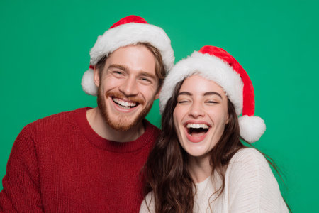 Two friends smile joyfully while wearing Christmas Santa hats. Their bright expressions reflect the holiday spirit on a vibrant green backdrop.の素材