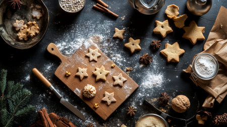 A wooden board displays freshly cut star-shaped cookies surrounded by spices, nuts, and baking tools. Flour is scattered, creating a festive atmosphere in the kitchen.の素材