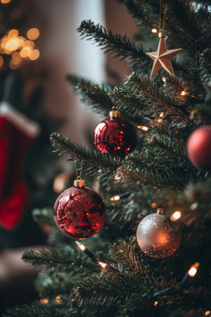 The Christmas tree is adorned with shiny red and silver ornaments, surrounded by soft, glowing lights that create a warm and inviting holiday atmosphere.の素材