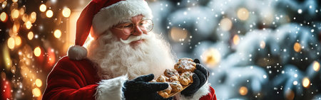 A cheerful Santa Claus in a red suit and glasses smiles as he admires a plate of freshly baked cookies, framed by sparkling holiday lights and snow.の素材