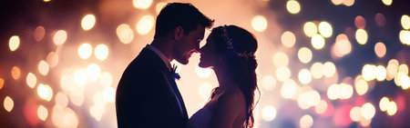 The couple stands close together, illuminated by a warm glow from twinkling lights, capturing a special moment in their wedding festivities under the evening sky.の素材