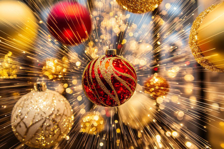 Brightly colored Christmas ornaments hang against a backdrop of glimmering lights, embodying the joy and spirit of the holiday season, inviting a sense of celebration.の素材