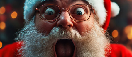 A cheerful Santa Claus showcases his excitement with big eyes and an open mouth, surrounded by vibrant holiday lights and decorations, embodying the Christmas spirit.の素材
