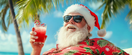 A cheerful man with a white beard, wearing a Santa hat and festive shirt, relaxes with a colorful drink in a tropical setting surrounded by palm trees.の素材