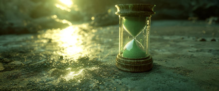 An hourglass with bright green sand stands on a damp surface, reflecting sunlight in a warm, golden hue, symbolizing the passage of time during sunset.の素材