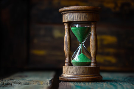 An hourglass made of polished wood holds vibrant green sand, standing on a weathered wooden surface. The setting highlights the concept of time passing beautifully.の素材