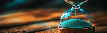 An hourglass sits on a wooden surface, its blue sand steadily pouring from the upper chamber to the lower one, illuminated by soft evening light, creating a serene atmosphere.の素材