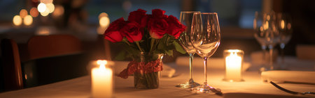 A beautifully arranged dinner table features a bouquet of red roses, two elegant glasses, and soft candlelight creating a romantic atmosphere in a restaurant.の素材