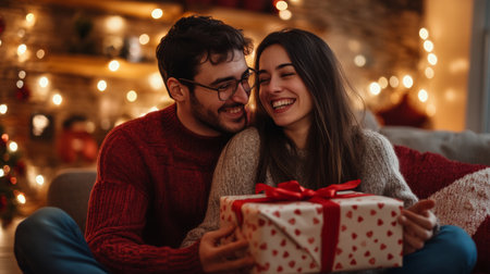 A couple sits close together, smiling and embracing, as they exchange a beautifully wrapped gift in a holiday-themed living room adorned with lights and decorations.の素材