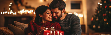 A couple sits close, smiling and exchanging a wrapped gift while surrounded by twinkling holiday lights and a decorated Christmas tree, creating a warm festive atmosphere.の素材
