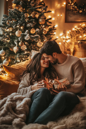 A couple sits close together on a plush sofa surrounded by soft blankets, exchanging smiles and holding wrapped gifts near a glowing Christmas tree adorned with lights and ornaments.の素材