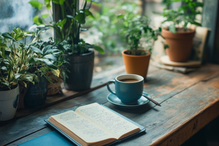 A cup of coffee sits on a saucer next to an open book, surrounded by thriving houseplants. Natural light filters through the window, enhancing the peaceful atmosphere.の素材