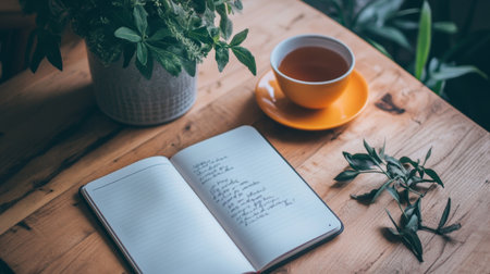 A serene workspace features an open notebook filled with handwritten notes, a cup of tea resting on an orange saucer, and a leafy plant nearby, creating a calming atmosphere.の素材