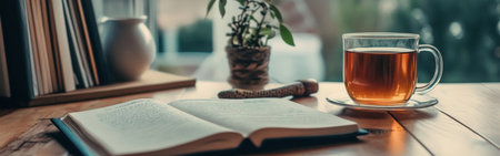 A warm cup of tea sits next to an open book on a wooden table, with a small potted plant nearby, creating a relaxing atmosphere in the afternoon light.の素材