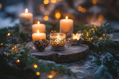 A warm winter setting features candles of various heights illuminating a wood slice table adorned with pine cones and greenery, creating a cozy atmosphere.の素材
