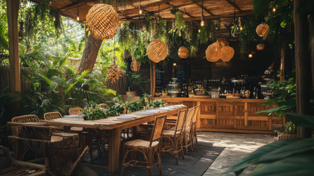 A charming restaurant setting with rattan furniture, wooden tables, and hanging lanterns, surrounded by tropical plants, creating a cozy atmosphere.の素材