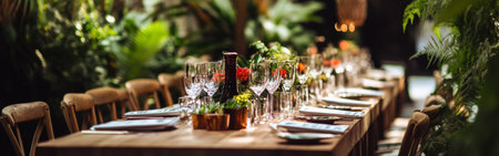 A beautifully set long dining table awaits guests, adorned with glasses, cutlery, and vibrant centerpieces, nestled among flourishing plants in an inviting outdoor atmosphere.の素材