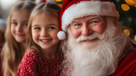 Two children in festive outfits sit beside Santa Claus, beaming with joy in a warm, decorated room filled with holiday lights and cheer.の素材