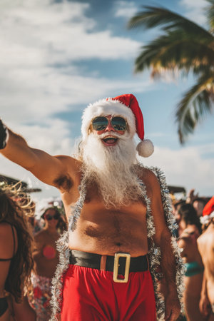 A lively beach gathering showcases a joyful Santa wearing sunglasses and festive decorations, engaging with partygoers under a clear blue sky.の素材