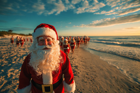 A cheerful Santa Claus stands in the foreground as a group of similarly dressed holiday enthusiasts walks along the shoreline at sunset, bringing festive cheer to the beach.の素材