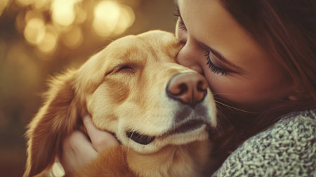 A person shares an affectionate embrace with their golden retriever, surrounded by heart-shaped toys, illustrating the deep bond between pets and their owners in a warm, loving environment.の素材