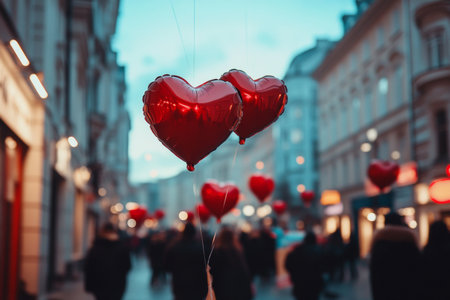 Valentine's Day brings a lively atmosphere to the city center, filled with heart-shaped balloons, couples strolling hand-in-hand, and vendors selling flowers.の素材