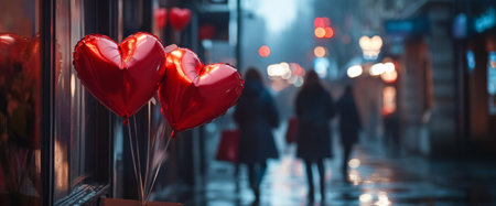 In a lively urban area bustling with romance, heart-shaped balloons float above vendors selling flowers, while couples stroll hand-in-hand through the decorated streets.の素材