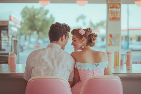 A couple clad in 1950s attire shares a milkshake with two straws at a retro diner filled with Valentine's decor, creating a charming, nostalgic atmosphere.の素材