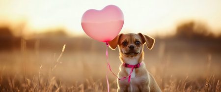A cheerful dog with a ribbon sits in a soft beige setting, while a pink heart-shaped balloon floats gently above, radiating warmth and affection.の素材