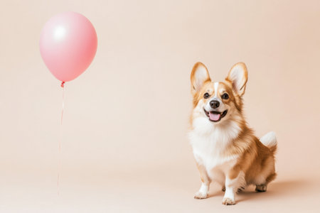 A cheerful dog sits with a small heart-shaped pink balloon floating above it, adorned with a lovely ribbon, creating a warm and affectionate atmosphere.の素材