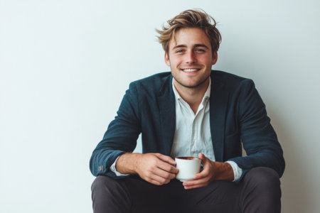 A young man in his thirties sits casually on a white bench, holding a coffee cup.の素材
