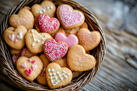 A cozy basket overflows with heart-shaped cookies in red, pink, and white. Each cookie features delightful decorations, creating a warm, romantic ambiance.の素材